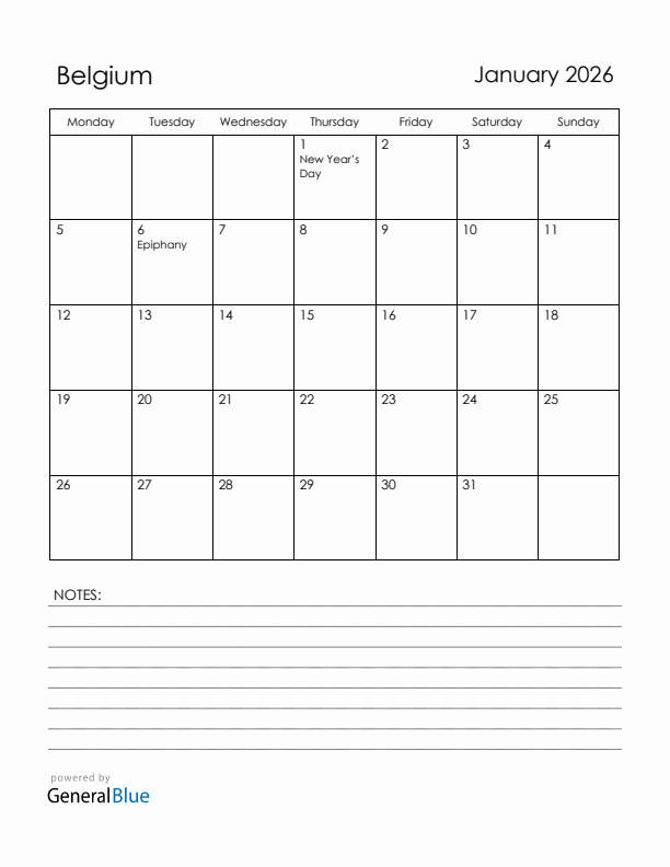 January 2026 Belgium Calendar with Holidays (Monday Start)