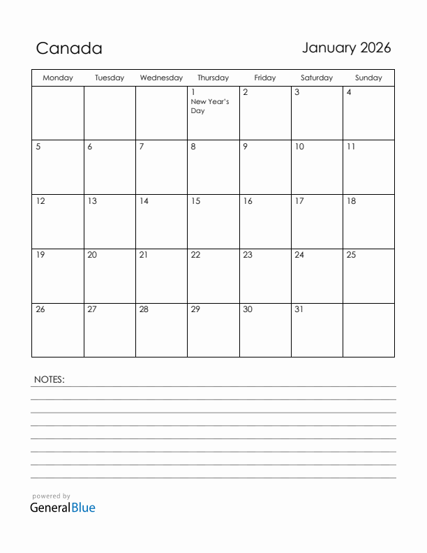 January 2026 Canada Calendar with Holidays (Monday Start)