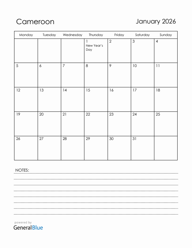 January 2026 Cameroon Calendar with Holidays (Monday Start)