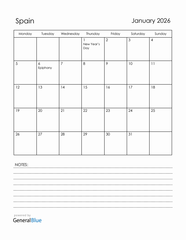 January 2026 Spain Calendar with Holidays (Monday Start)