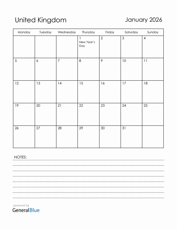 January 2026 United Kingdom Calendar with Holidays (Monday Start)