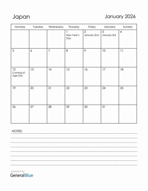 January 2026 Japan Calendar with Holidays (Monday Start)