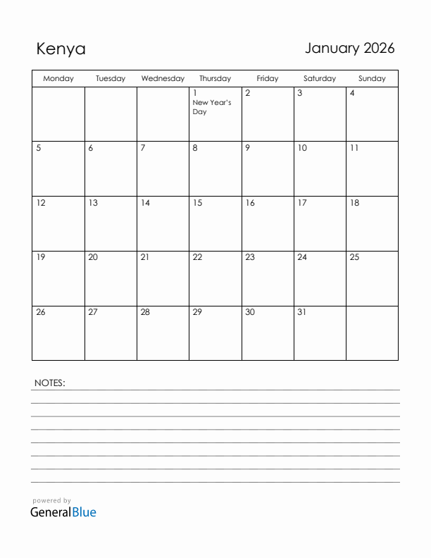 January 2026 Kenya Calendar with Holidays (Monday Start)