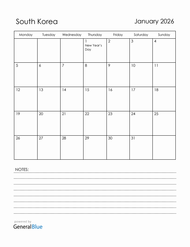 January 2026 South Korea Calendar with Holidays (Monday Start)