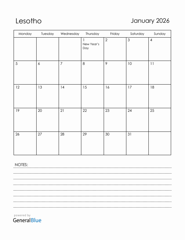 January 2026 Lesotho Calendar with Holidays (Monday Start)