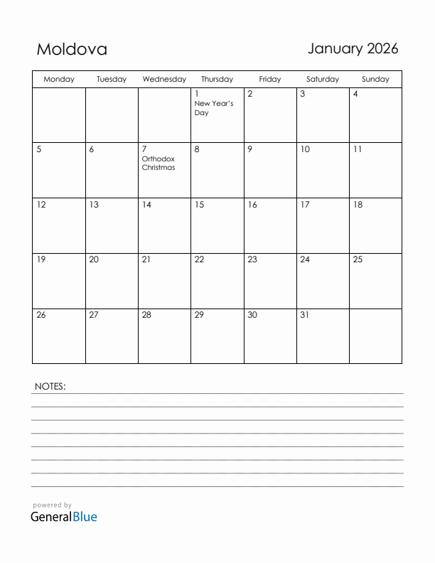 January 2026 Moldova Calendar with Holidays (Monday Start)