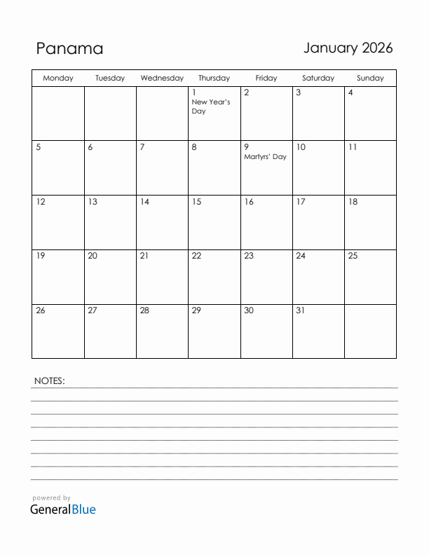 January 2026 Panama Calendar with Holidays (Monday Start)