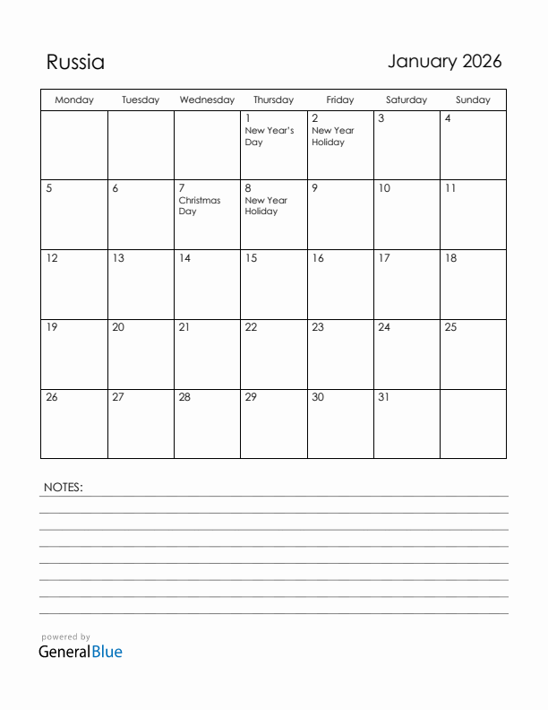 January 2026 Russia Calendar with Holidays (Monday Start)