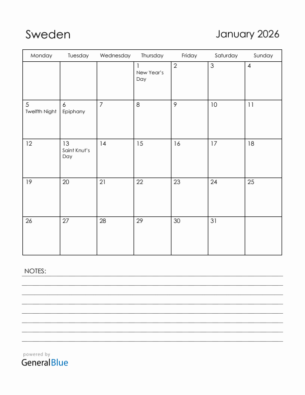 January 2026 Sweden Calendar with Holidays (Monday Start)