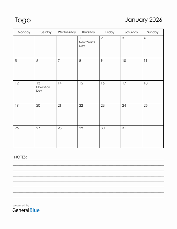 January 2026 Togo Calendar with Holidays (Monday Start)