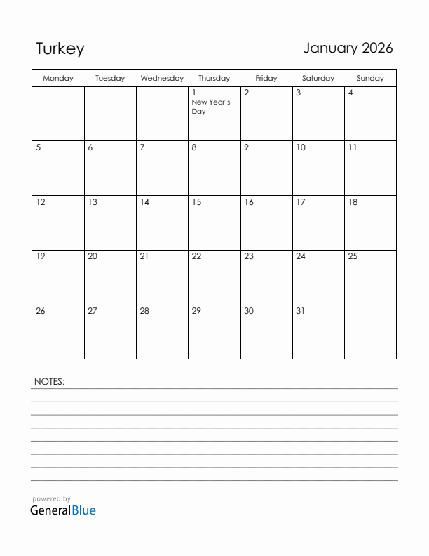 January 2026 Turkey Calendar with Holidays (Monday Start)