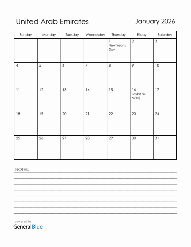 January 2026 United Arab Emirates Calendar with Holidays (Sunday Start)