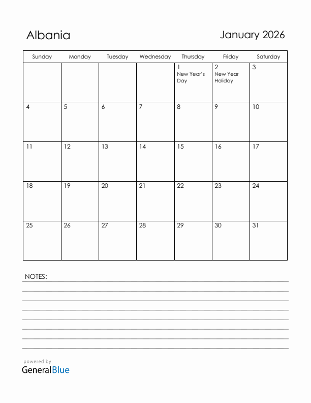 January 2026 Albania Calendar with Holidays (Sunday Start)