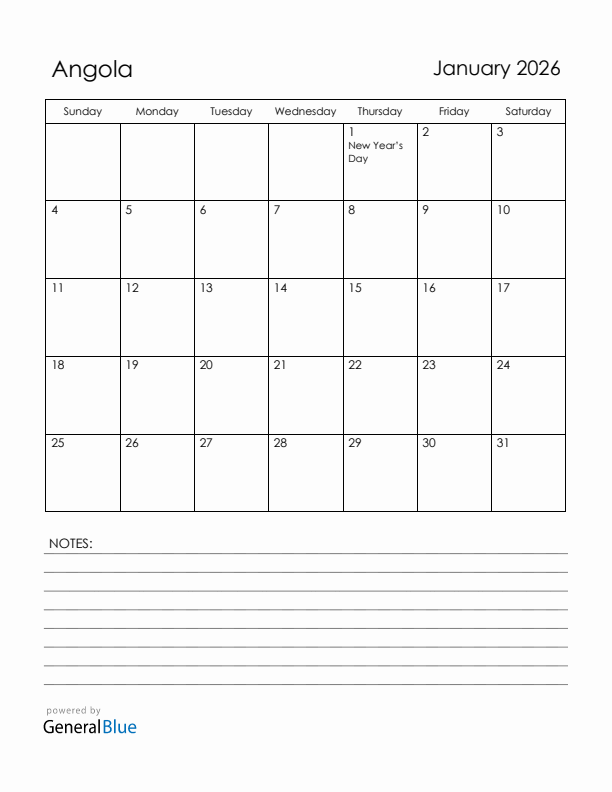 January 2026 Angola Calendar with Holidays (Sunday Start)