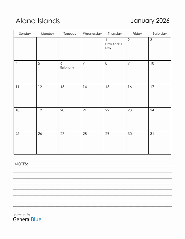 January 2026 Aland Islands Calendar with Holidays (Sunday Start)