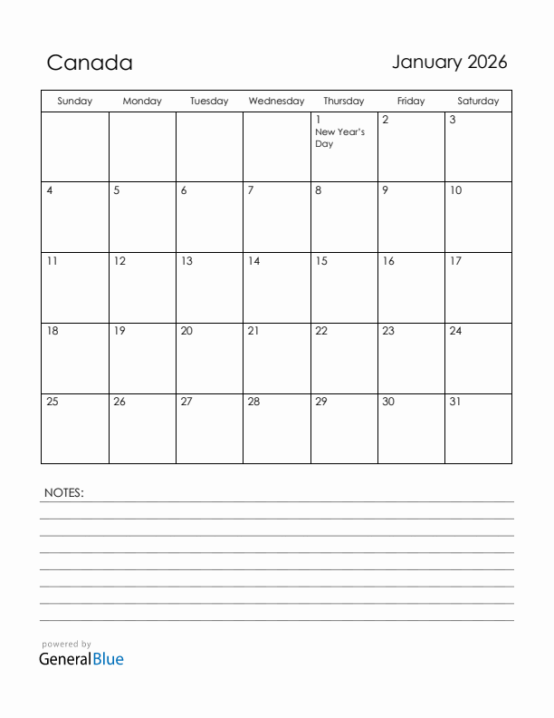 January 2026 Canada Calendar with Holidays (Sunday Start)