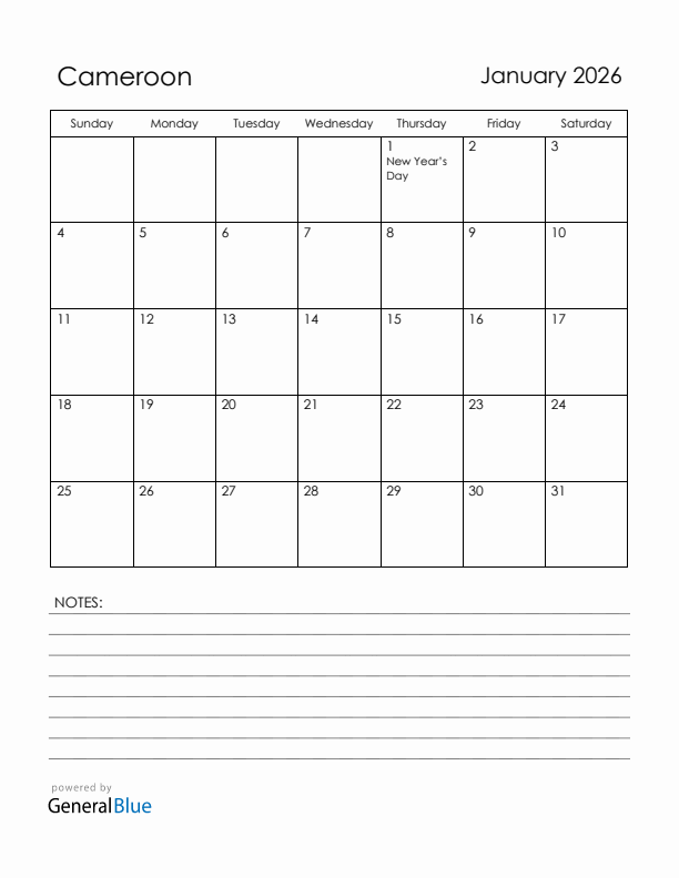 January 2026 Cameroon Calendar with Holidays (Sunday Start)