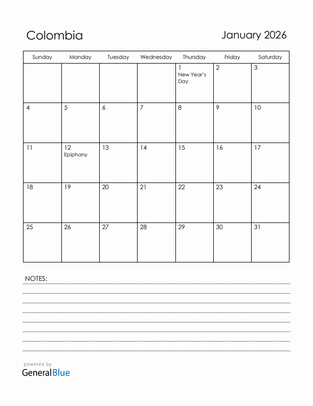 January 2026 Colombia Calendar with Holidays (Sunday Start)