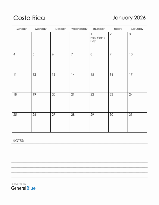 January 2026 Costa Rica Calendar with Holidays (Sunday Start)