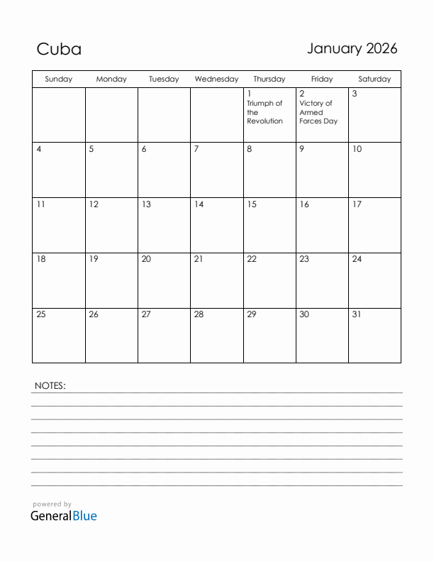 January 2026 Cuba Calendar with Holidays (Sunday Start)