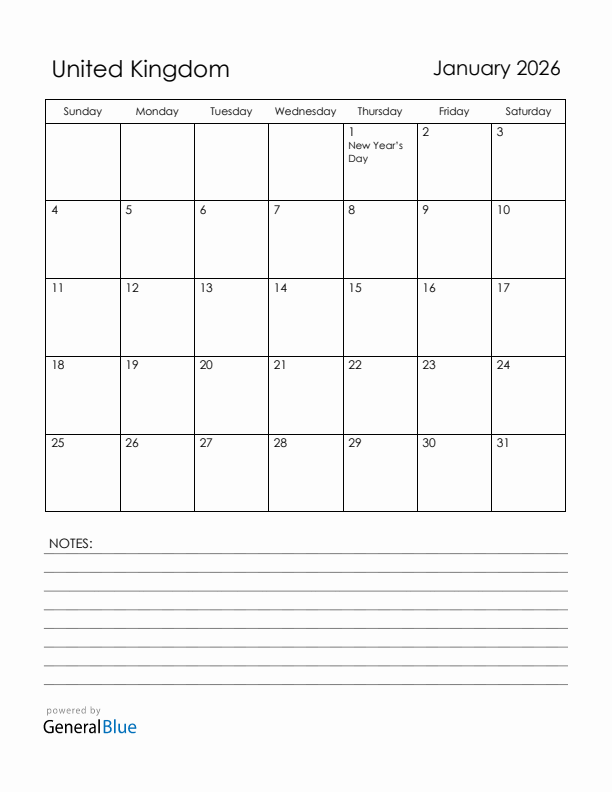 January 2026 United Kingdom Calendar with Holidays (Sunday Start)