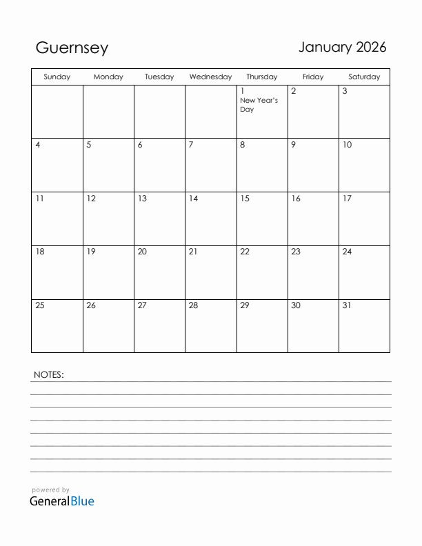 January 2026 Guernsey Calendar with Holidays (Sunday Start)