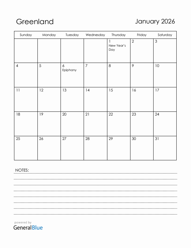 January 2026 Greenland Calendar with Holidays (Sunday Start)