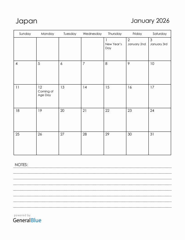 January 2026 Japan Calendar with Holidays (Sunday Start)