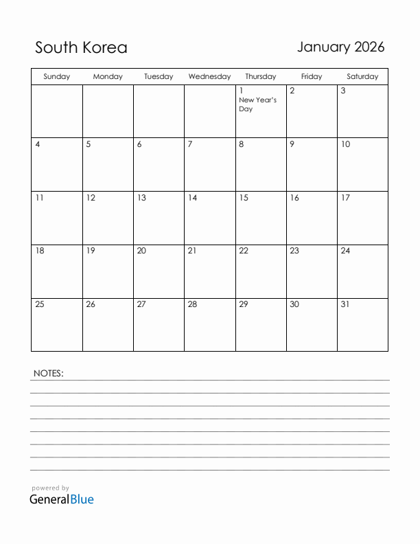 January 2026 South Korea Calendar with Holidays (Sunday Start)