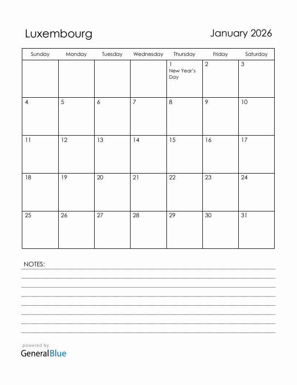 January 2026 Luxembourg Calendar with Holidays (Sunday Start)