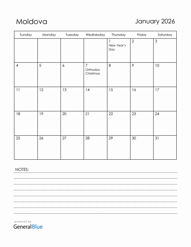 January 2026 Moldova Calendar with Holidays (Sunday Start)