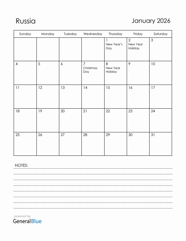 January 2026 Russia Calendar with Holidays (Sunday Start)