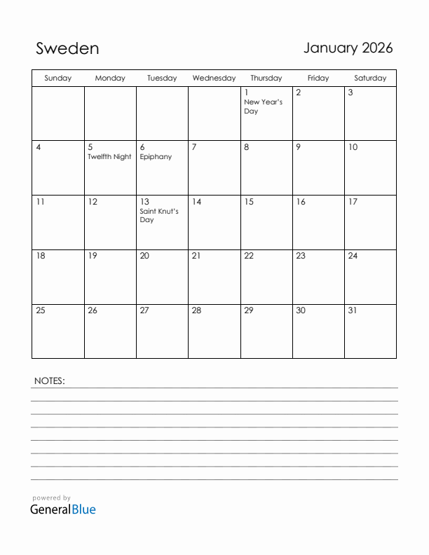 January 2026 Sweden Calendar with Holidays (Sunday Start)