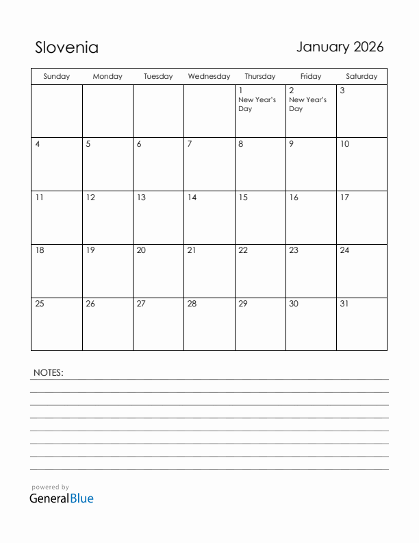 January 2026 Slovenia Calendar with Holidays (Sunday Start)