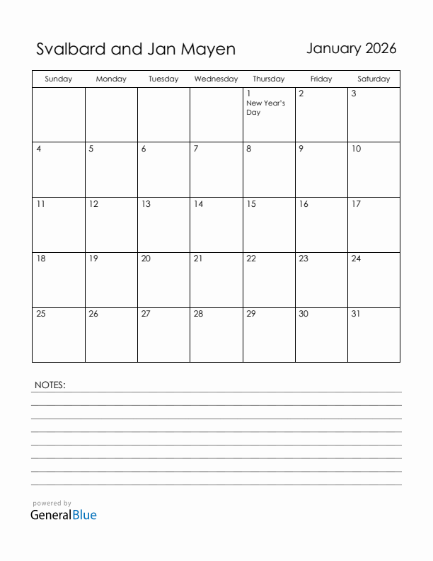 January 2026 Svalbard and Jan Mayen Calendar with Holidays (Sunday Start)