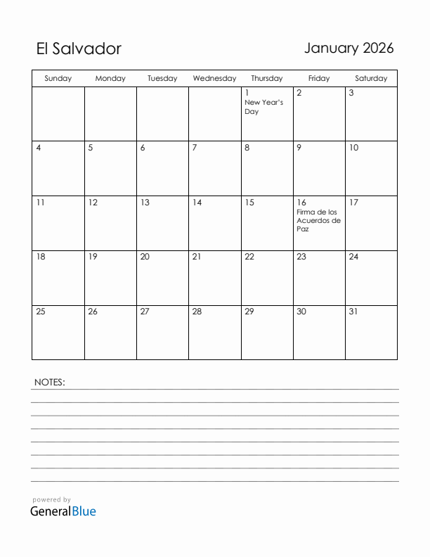 January 2026 El Salvador Calendar with Holidays (Sunday Start)