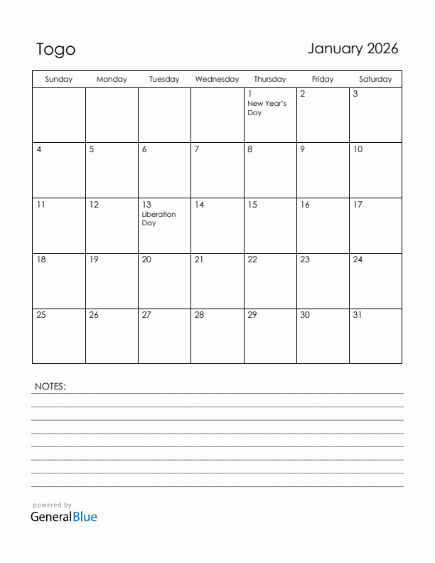 January 2026 Togo Calendar with Holidays (Sunday Start)