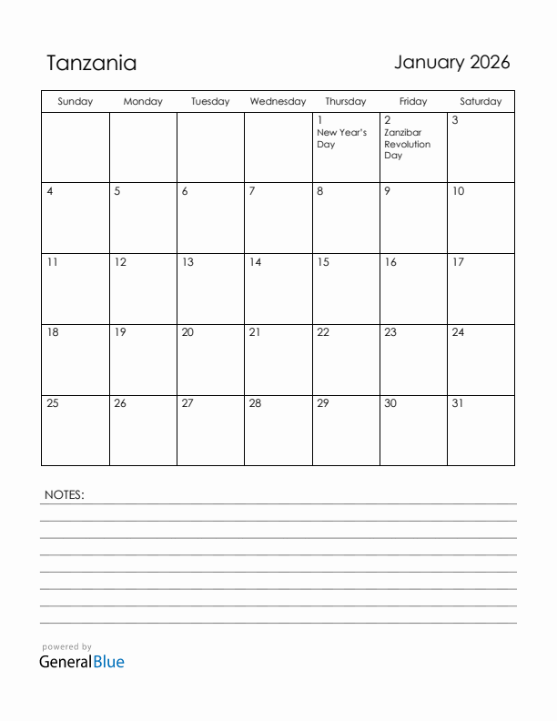 January 2026 Tanzania Calendar with Holidays (Sunday Start)