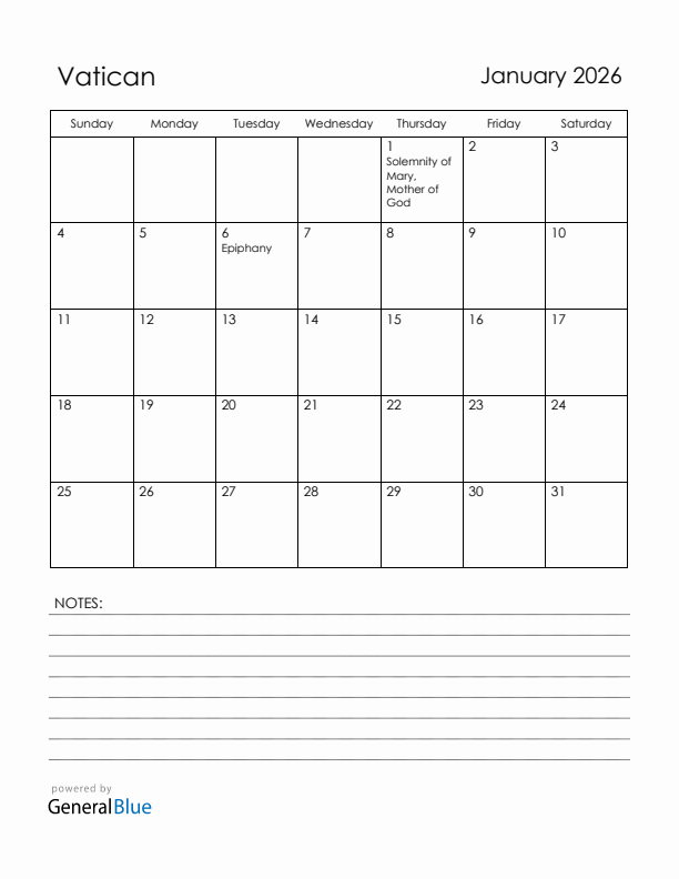 January 2026 Vatican Calendar with Holidays (Sunday Start)