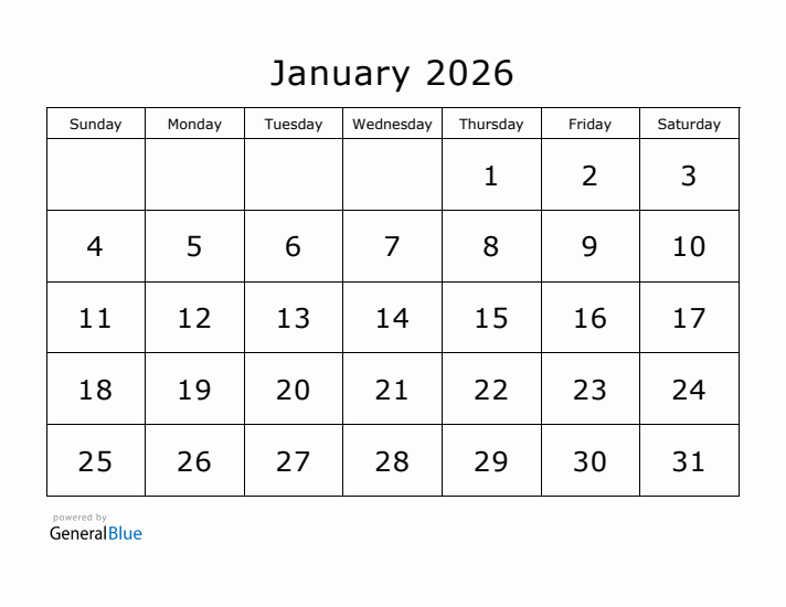 Printable January 2026 Calendar - Sunday Start