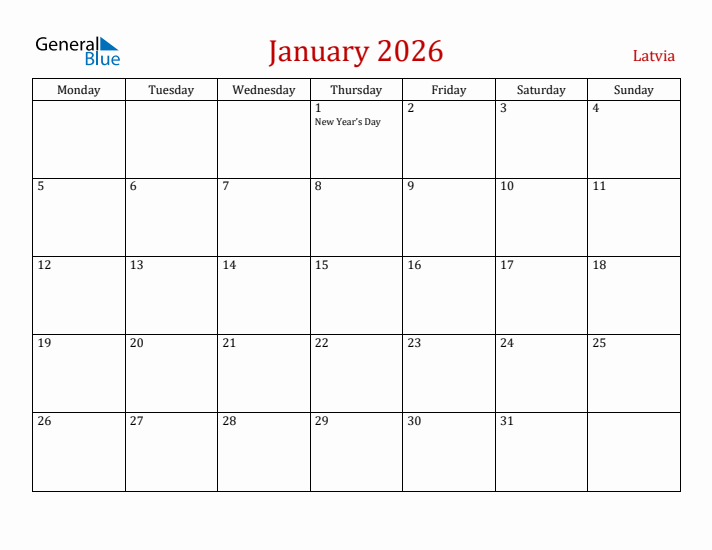 Latvia January 2026 Calendar - Monday Start