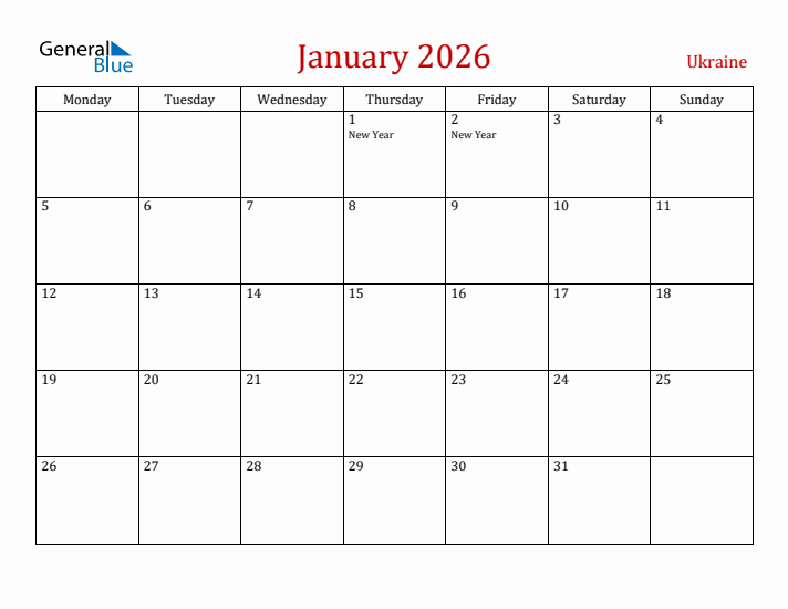 Ukraine January 2026 Calendar - Monday Start