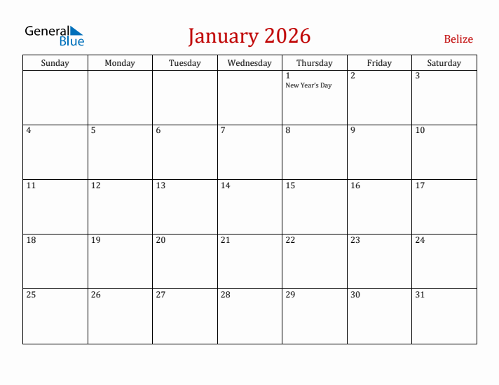 Belize January 2026 Calendar - Sunday Start