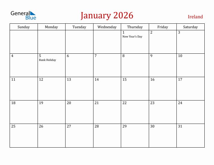 Ireland January 2026 Calendar - Sunday Start