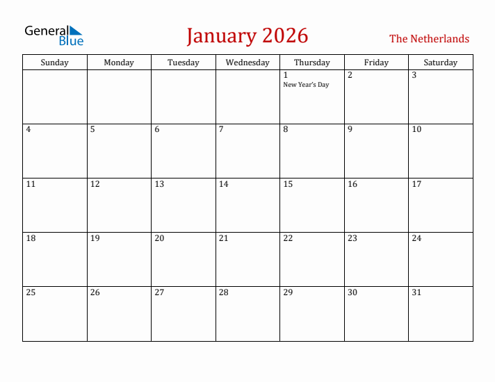 The Netherlands January 2026 Calendar - Sunday Start