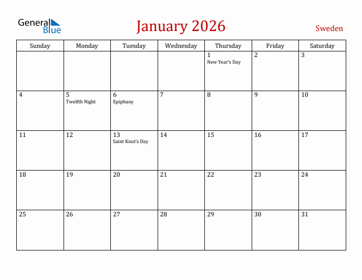 Sweden January 2026 Calendar - Sunday Start