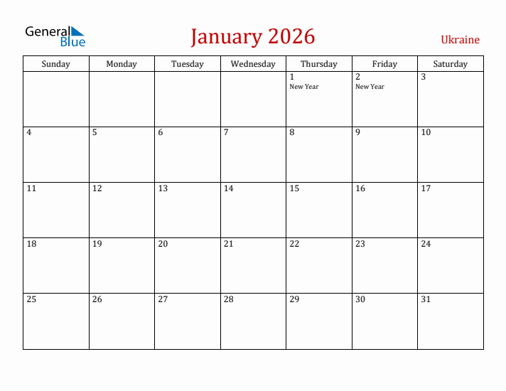 Ukraine January 2026 Calendar - Sunday Start