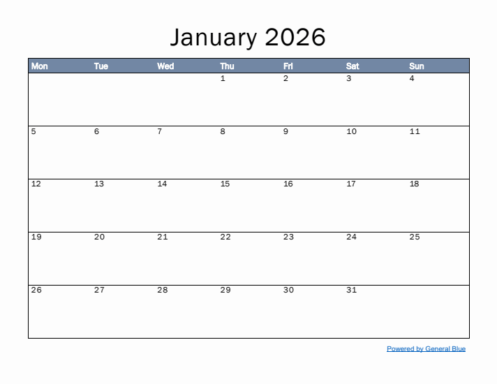 January 2026 Simple Month Calendar Template