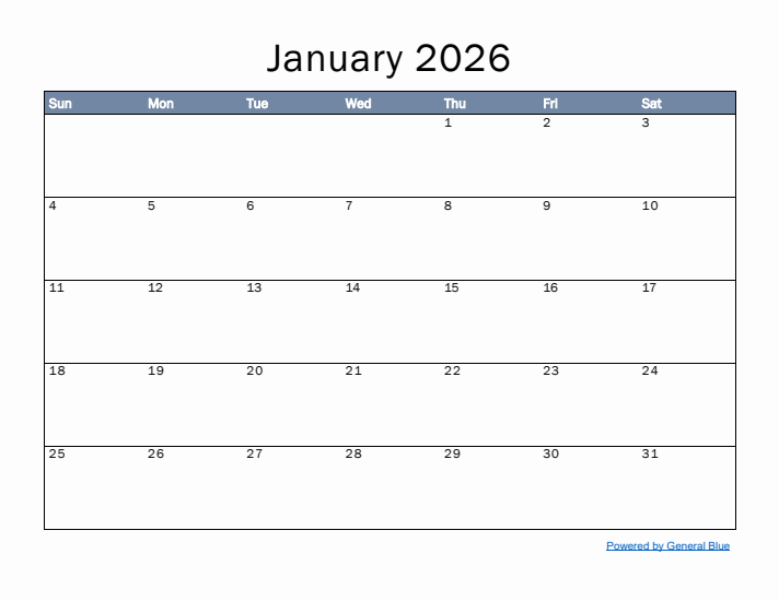 January 2026 Simple Month Calendar Template