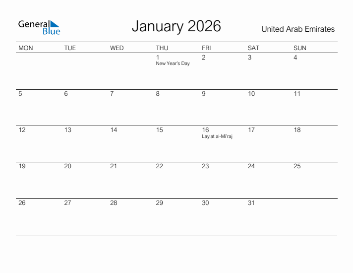 Printable January 2026 Calendar for United Arab Emirates